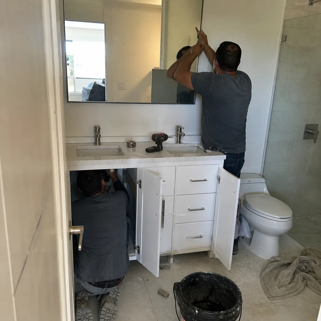 Two contractors working on a professional bathroom remodeling project