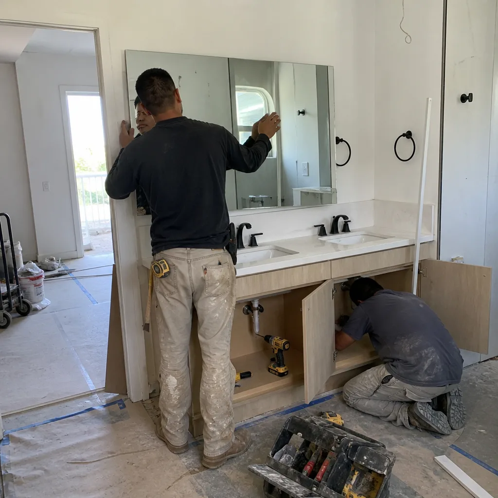 Contractors installing a bathroom vanity and mirror during home renovation