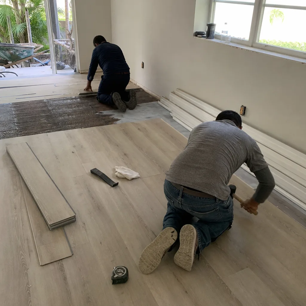 Two professional contractors installing wood plank flooring in a home remodeling project