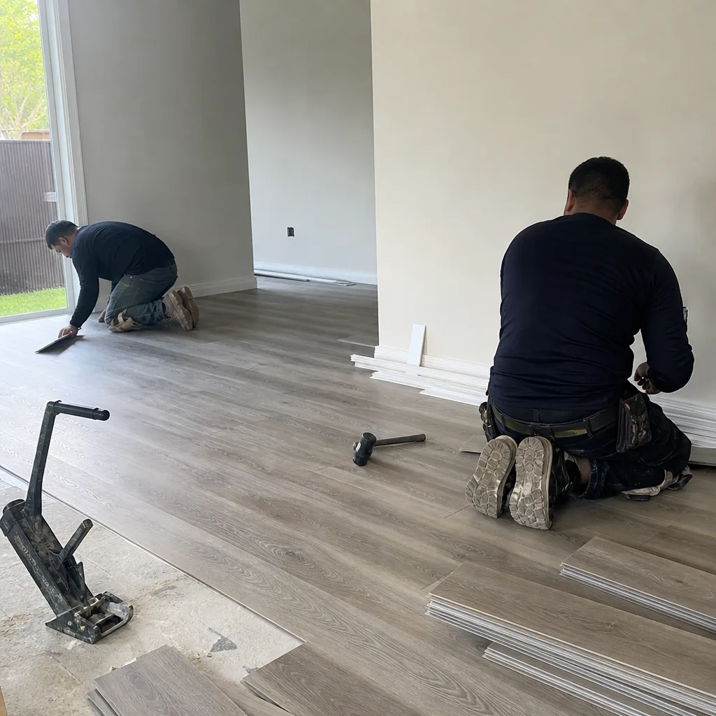 Two contractors installing wood plank flooring during a home remodeling project