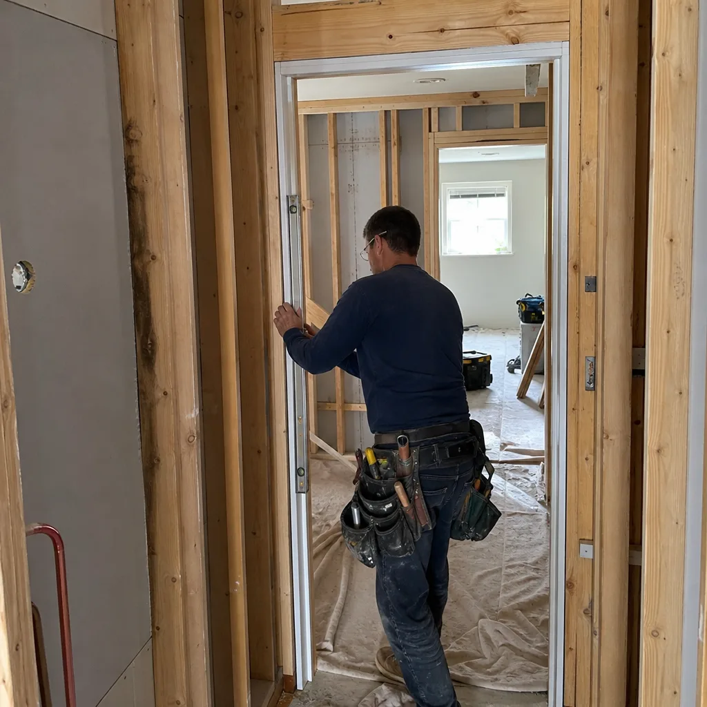Contractor installing door frame during home remodeling project
