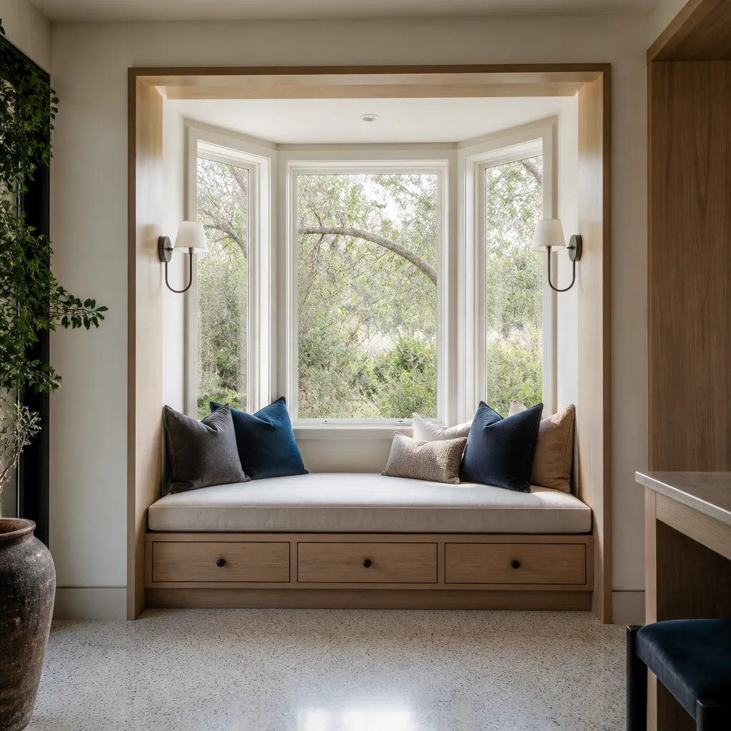 A built-in window seat in a bay window