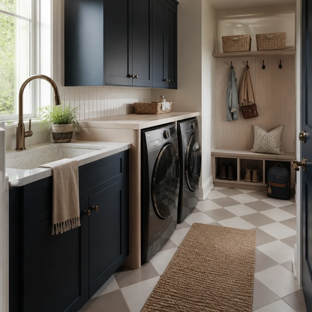 A remodeled laundry and mudroom with a bench, cubbies and painted cabinets